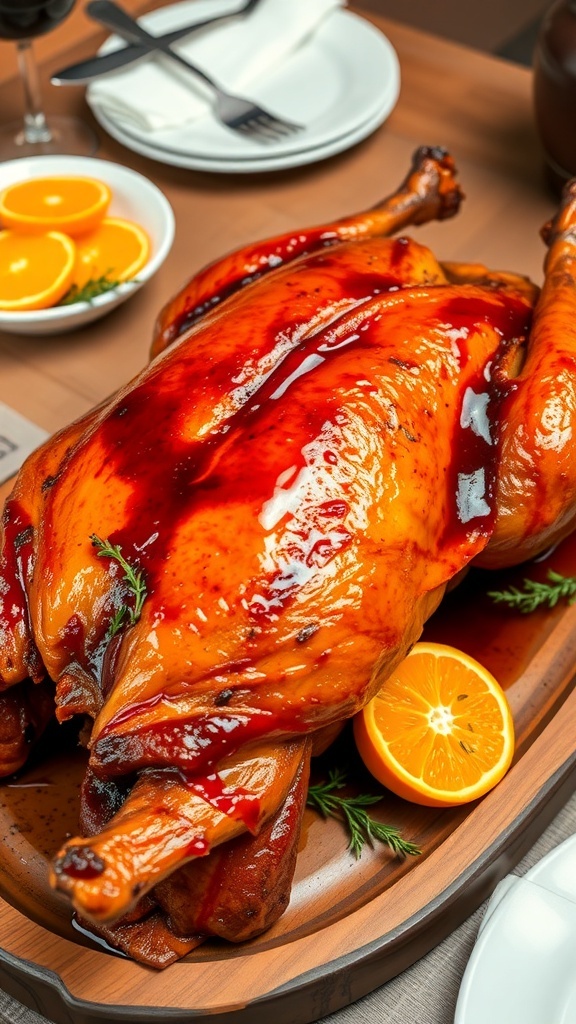 Roasted duck with orange glaze on a wooden platter, garnished with orange slices and thyme.